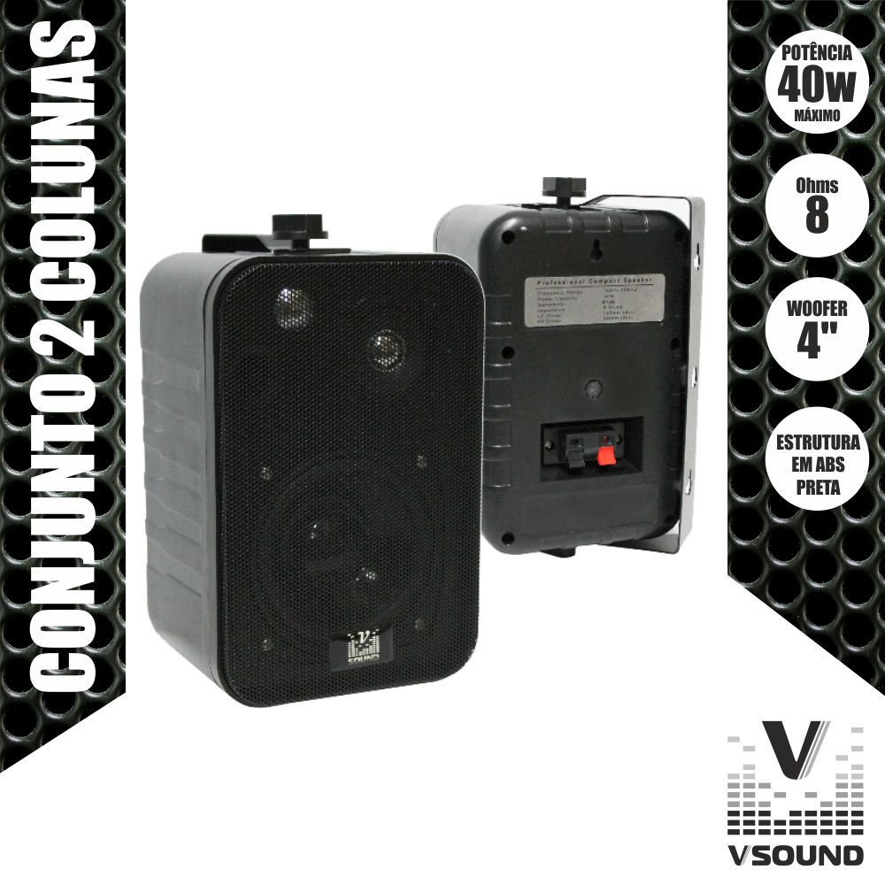 PAR DE COLUNAS  2V 40W 8R em  ABS VSOUND Preto