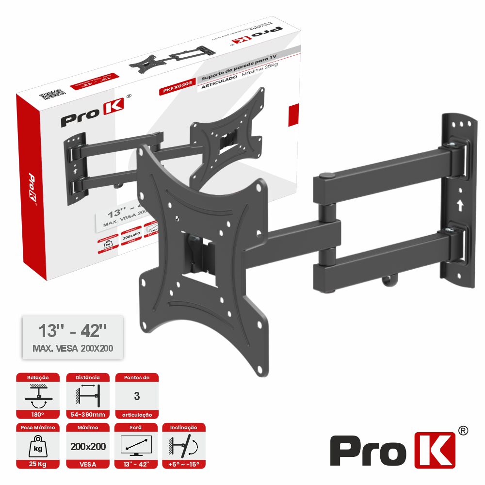 SUPORTE LCD 12-42" - 25Kg  3 articulações -  vesa 50 a 200