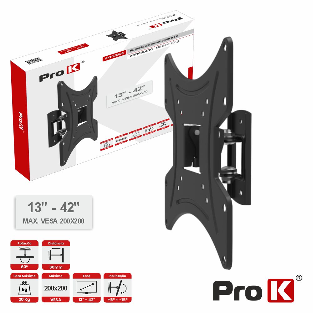 Suporte TV Articulado 13-42" 20kg Vesa 200x200 ProK