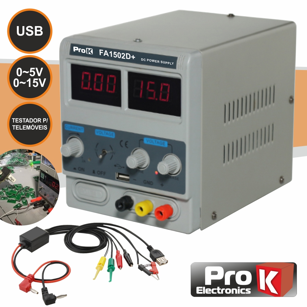Fonte Alimentação Digital 1502D+ 0-15V 2A + USB  PROK